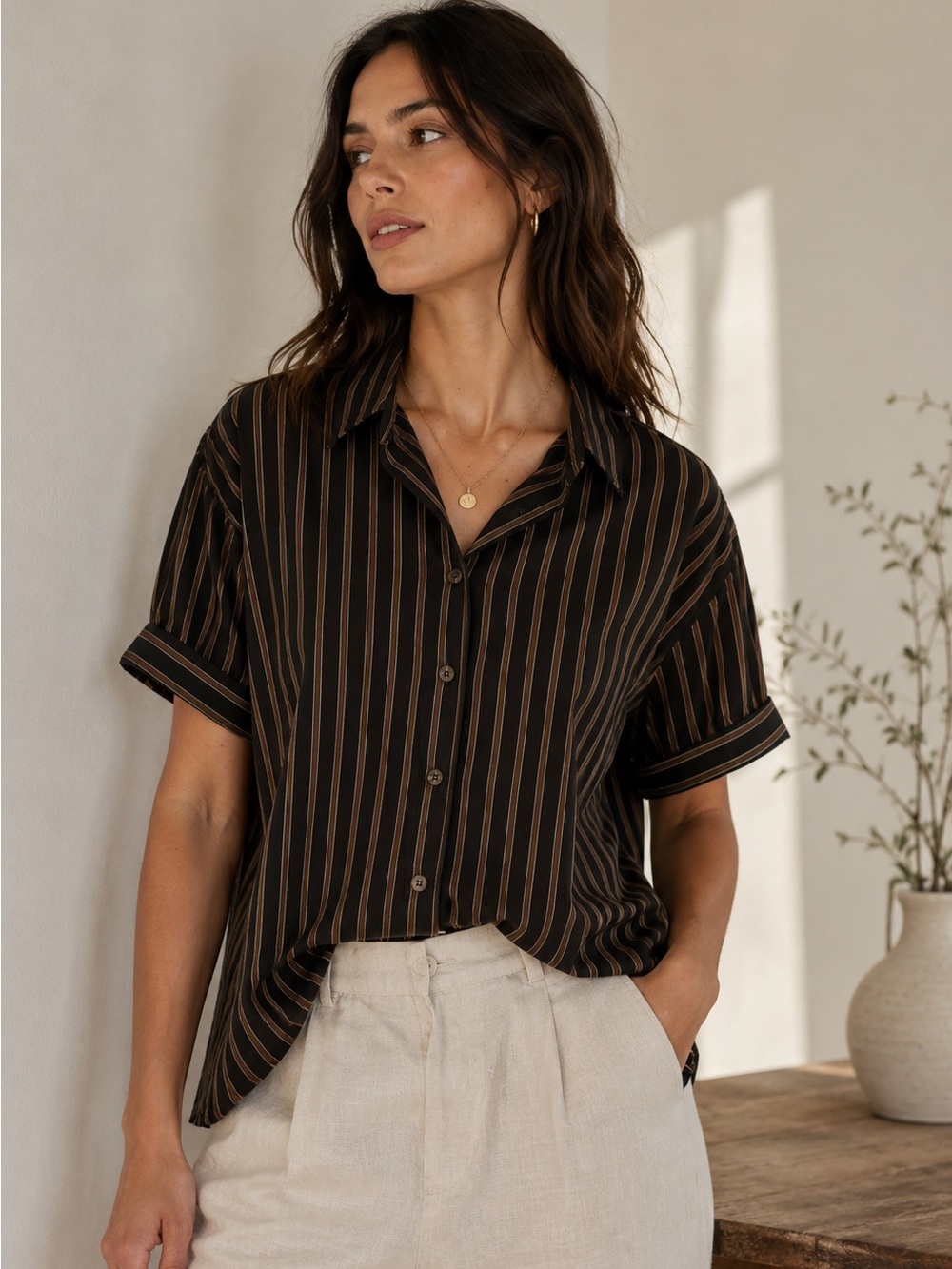R.G. Kane 100% Cotton Brown Striped Button Up Blouse Boxy Relaxed Women Sz Small
